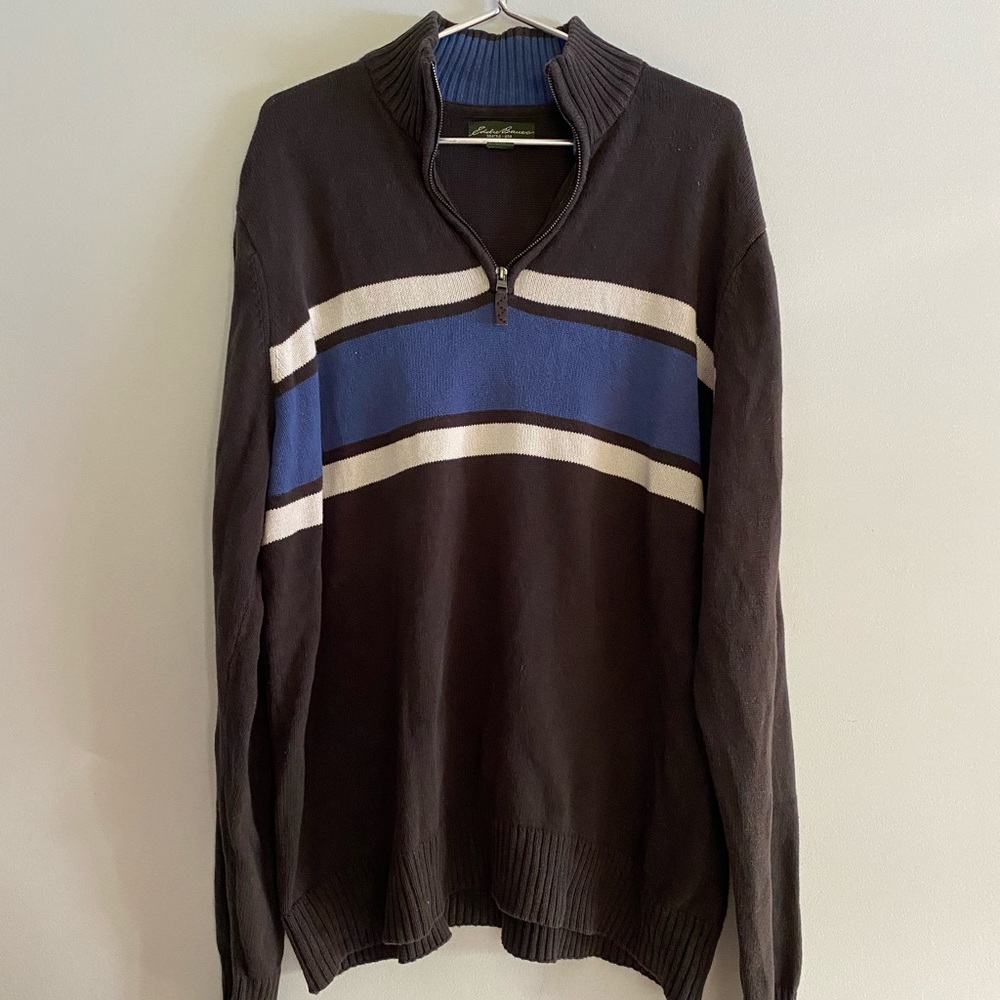 Cotton Eddie Bauer Men’s 1/4 zip dark gray sweater